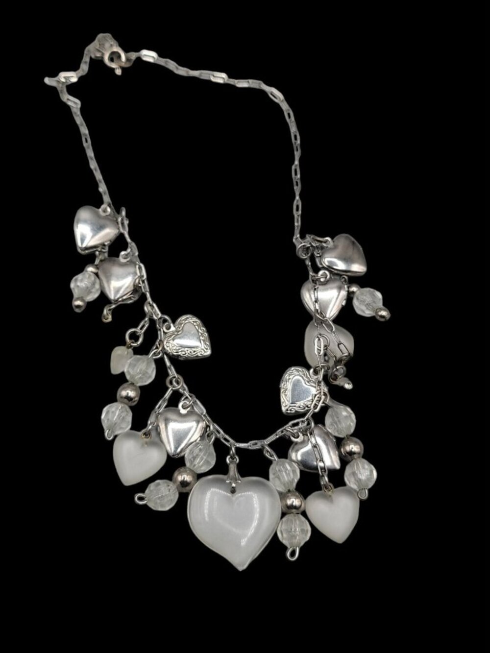 Love Choker Necklace 16" Frost Glass 8 Silver Plated Double Photo Locket Charms - Picture 9 of 15